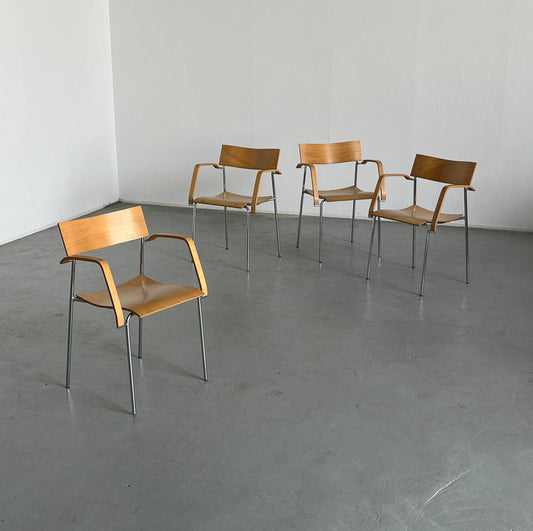 Set of 4 postmodern "Campus" chairs in beechwood and chromed steel frame, by Lammhults, Sweden Vintage