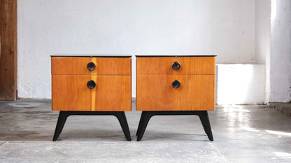 Set of two Mid Century bedside tables and a chest of drawers with mirror Vintage