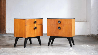 Set of two Mid Century bedside tables and a chest of drawers with mirror Vintage