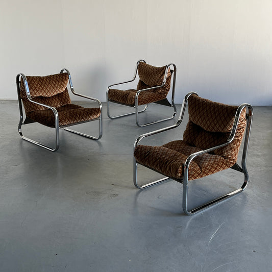 1 of 3 Mid-Century Modern Lounge Chairs in Argyle Wool Upholstery and Chromed Steel, Italy 1970s, Vintage Armchairs