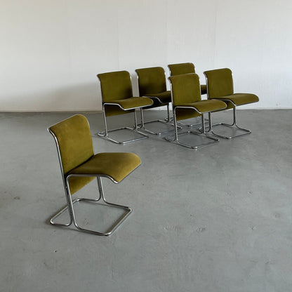 1 des 6 chaises de salle à manger « Calla » modernes du milieu du siècle par Antonio Ari Colombo pour Arflex, velours vert olive et acier chromé courbé, Italie vintage des années 1970