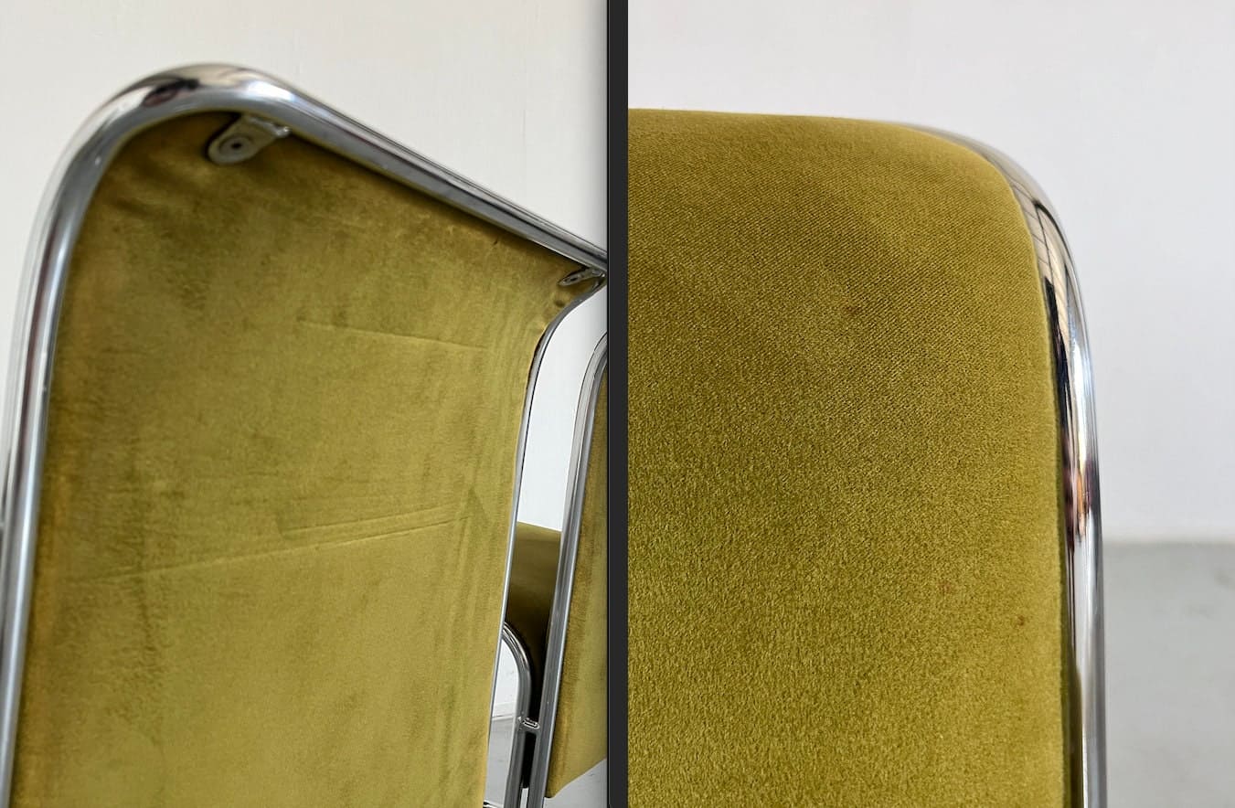 1 of 6 Mid-Century Modern "Calla" Dining Chairs by Antonio Ari Colombo for Arflex, Olive Green Velvet and Curved Chromed Steel, 1970s Italy Vintage