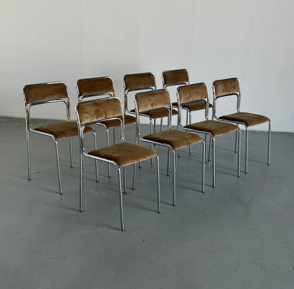 1 of 8 Bauhaus Chrome Tubular Steel and Beige Velvet / 80s Italian Modernist Stackable Dining Chairs Vintage