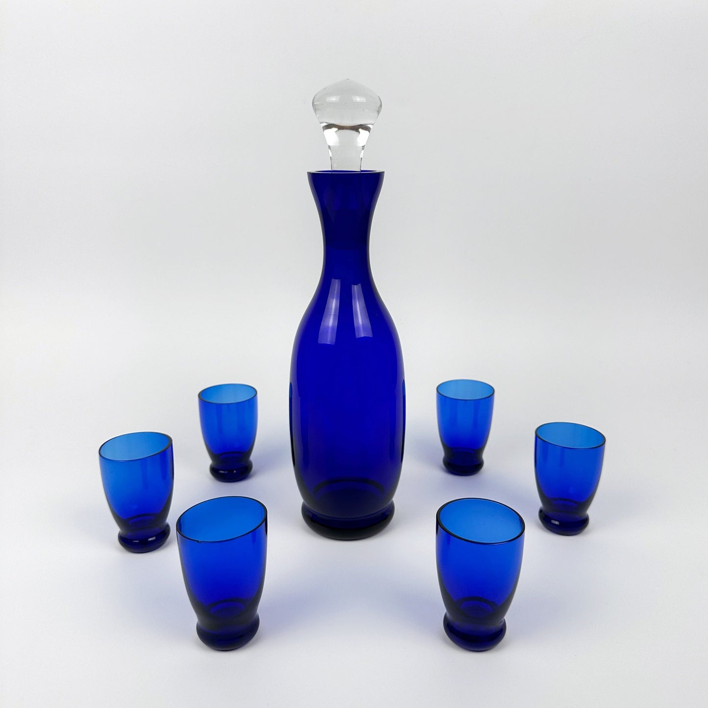 Kobalt Blauer Dekanter + 6 Schnaps Gläser Böhmisch Ultramarin Blau CZ Bohemia Karaffe Flasche Stöpsel Vintage