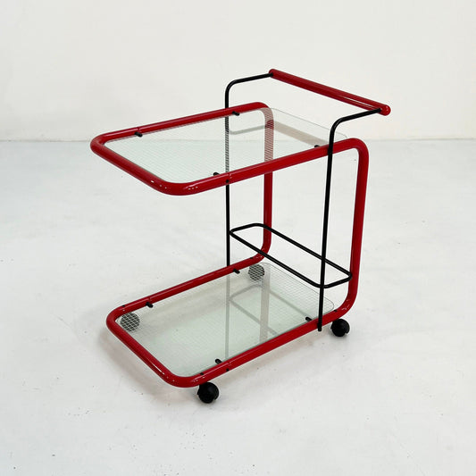 Red postmodern serving trolley with Quaderna pattern, 1980s vintage