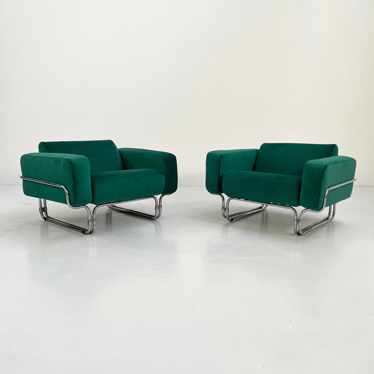 Set of 2 green velvet armchairs in chrome-plated tubular frame, 1970s vintage