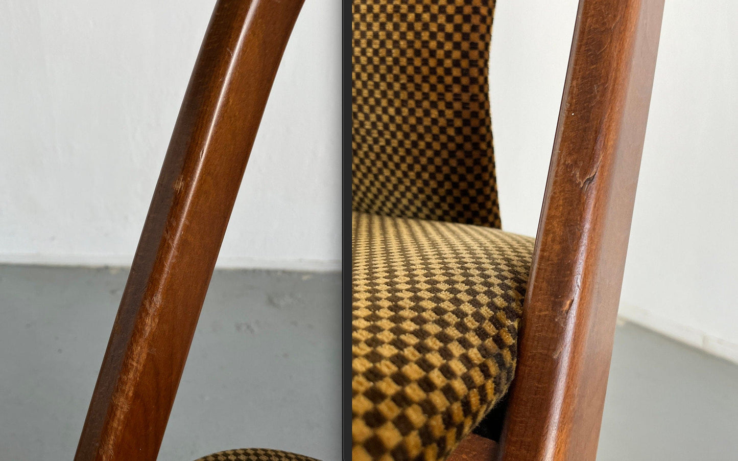 1 of 5 Mid-Century Modern Elegant Dining Chairs with Checkered Upholstery and Curved Wooden Frame, Germany 1970s Vintage