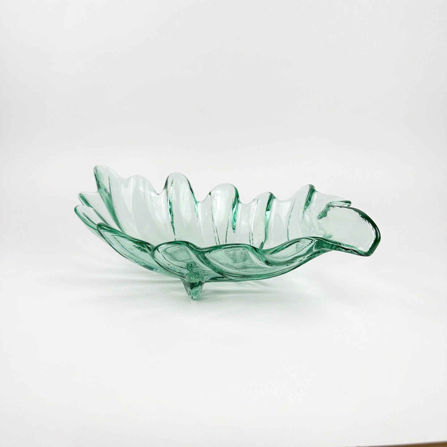 Glass Footed Bowl France Water Green Leaf Floral Pressed Glass Plate Offering Bowl 80s 90s Luminarc Arcoroc Vintage