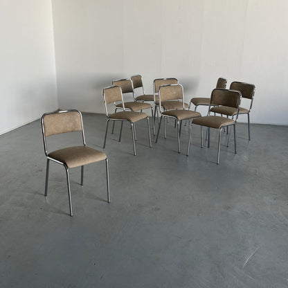 Bauhaus design chrome tubular steel and beige faux leather Italian modernist dining chairs, 1980s vintage