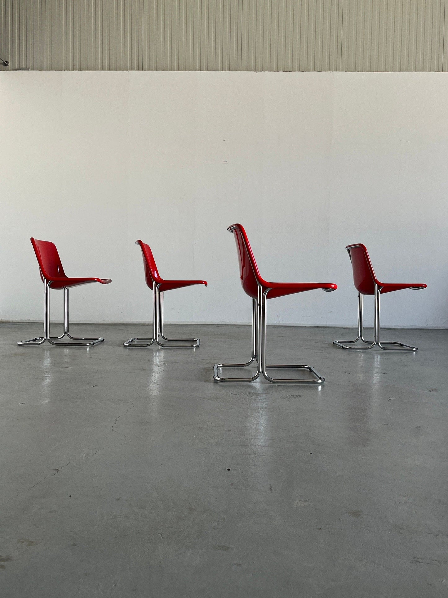 Set of 4 Space Age Dining Chairs, Glossy Red Plastic and Chromed Tubular Steel, Italy 1960s Vintage