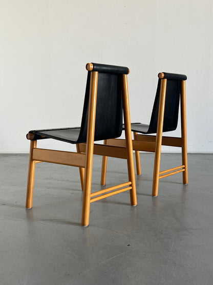 Set of 2 Italian sculptural Mid-Century Modern dining chairs, black leather and wood, Italy 1970s vintage