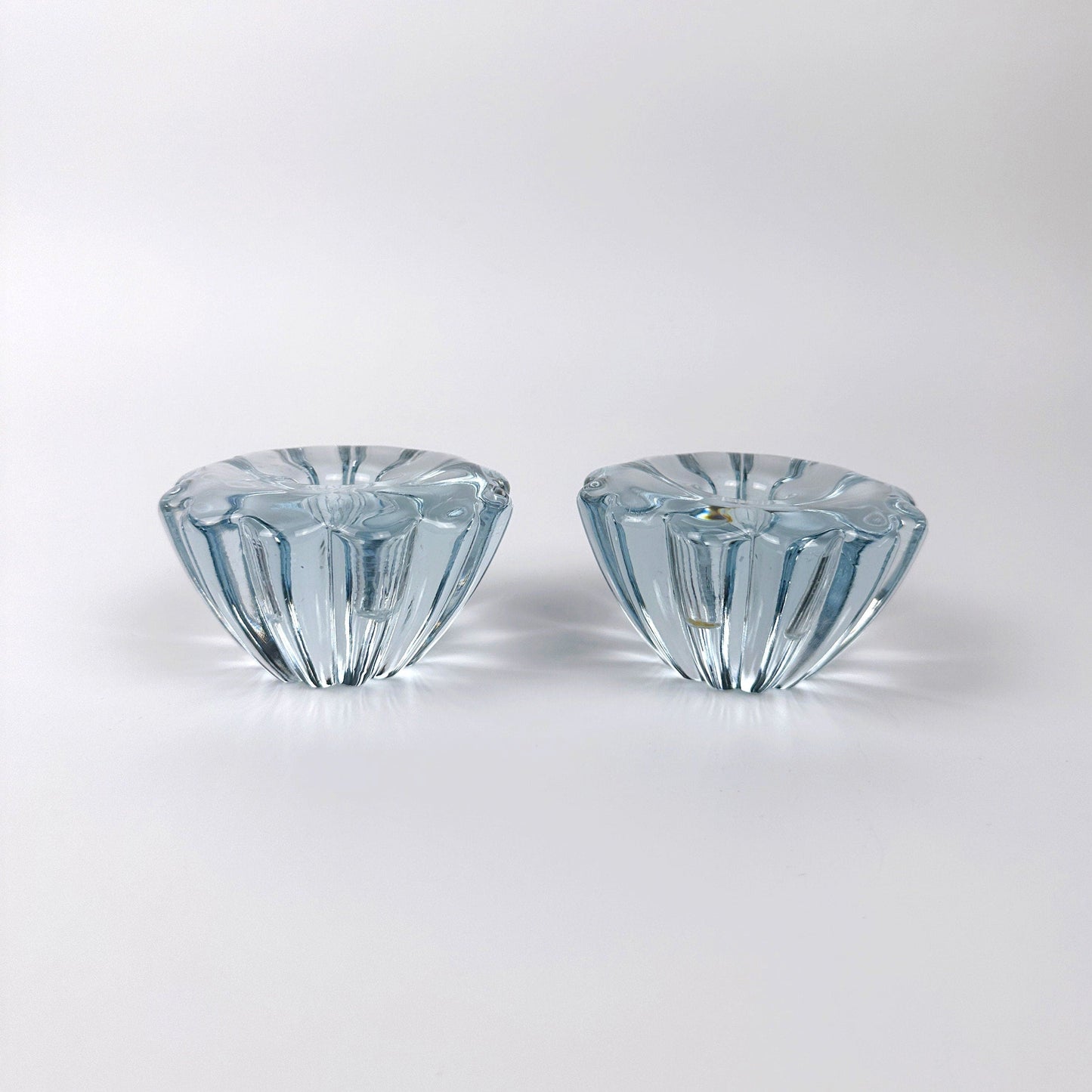 Set of 2 blue crystal glass candle holders Orrefors Sweden Solaris Sven Palmquist Mid Century Vintage