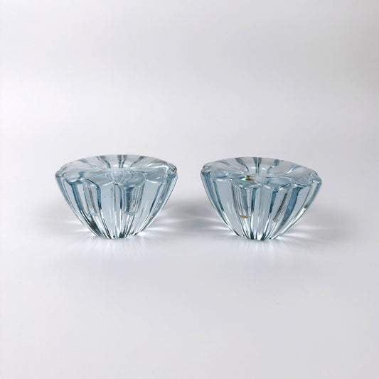 Set of 2 blue crystal glass candle holders Orrefors Sweden Solaris Sven Palmquist Mid Century Vintage