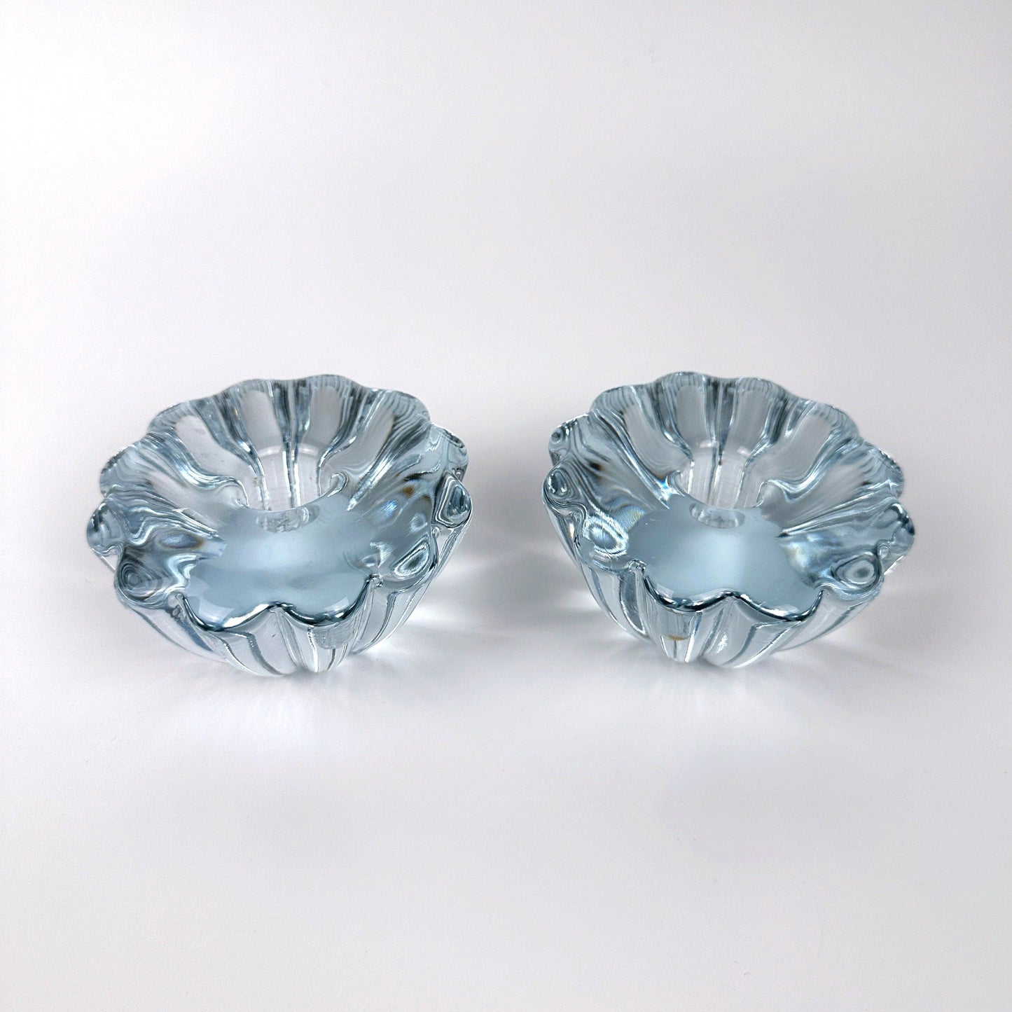 Set of 2 blue crystal glass candle holders Orrefors Sweden Solaris Sven Palmquist Mid Century Vintage