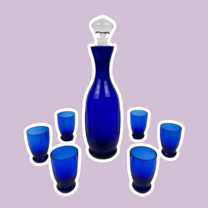 Kobalt Blauer Dekanter + 6 Schnaps Gläser Böhmisch Ultramarin Blau CZ Bohemia Karaffe Flasche Stöpsel Vintage