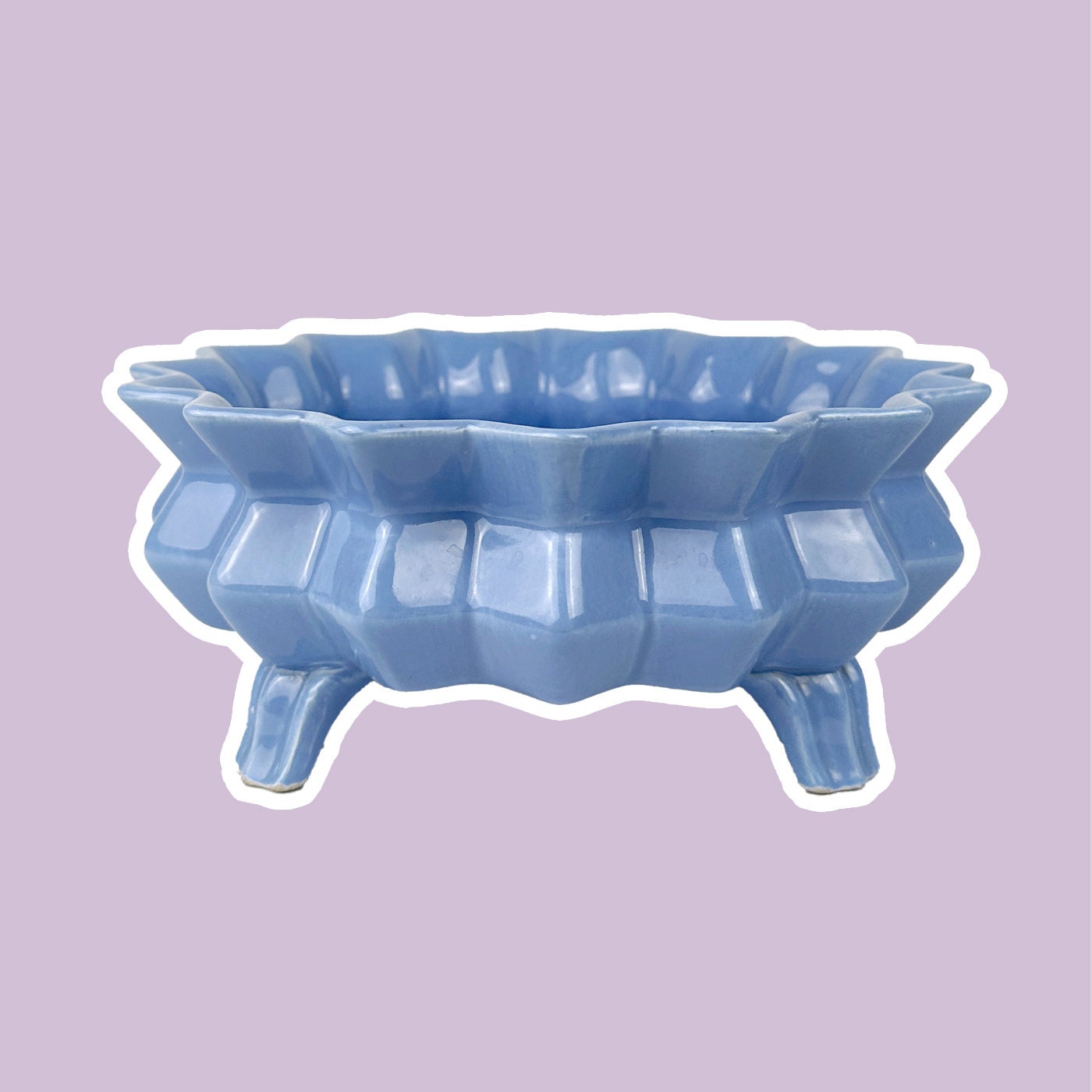 Gentiane Bleu Céramique Pied Bol Jags 70s Boho Moderniste Prisme Diamant Offrant Bol Fruit Bowl Jardiniere vintage