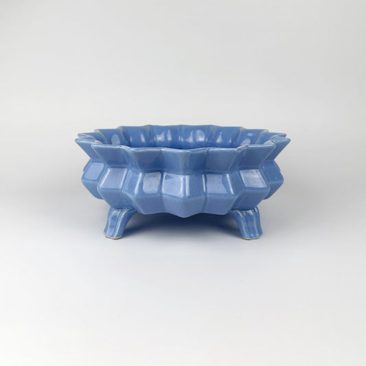 Gentian Blue Ceramic Footed Bowl Spikes 70s Boho Modernist Prism Diamond Offering Bowl Fruit Bowl Jardiniere Vintage