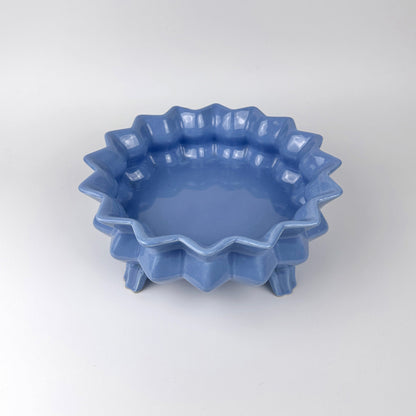 Gentian Blue Ceramic Footed Bowl Spikes 70s Boho Modernist Prism Diamond Offering Bowl Fruit Bowl Jardiniere Vintage