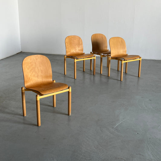 Ensemble de 4 chaises de salle à manger empilables modernes du milieu du siècle en bois courbé et en métal par Braun Lockenhaus, Autriche vintage des années 1990