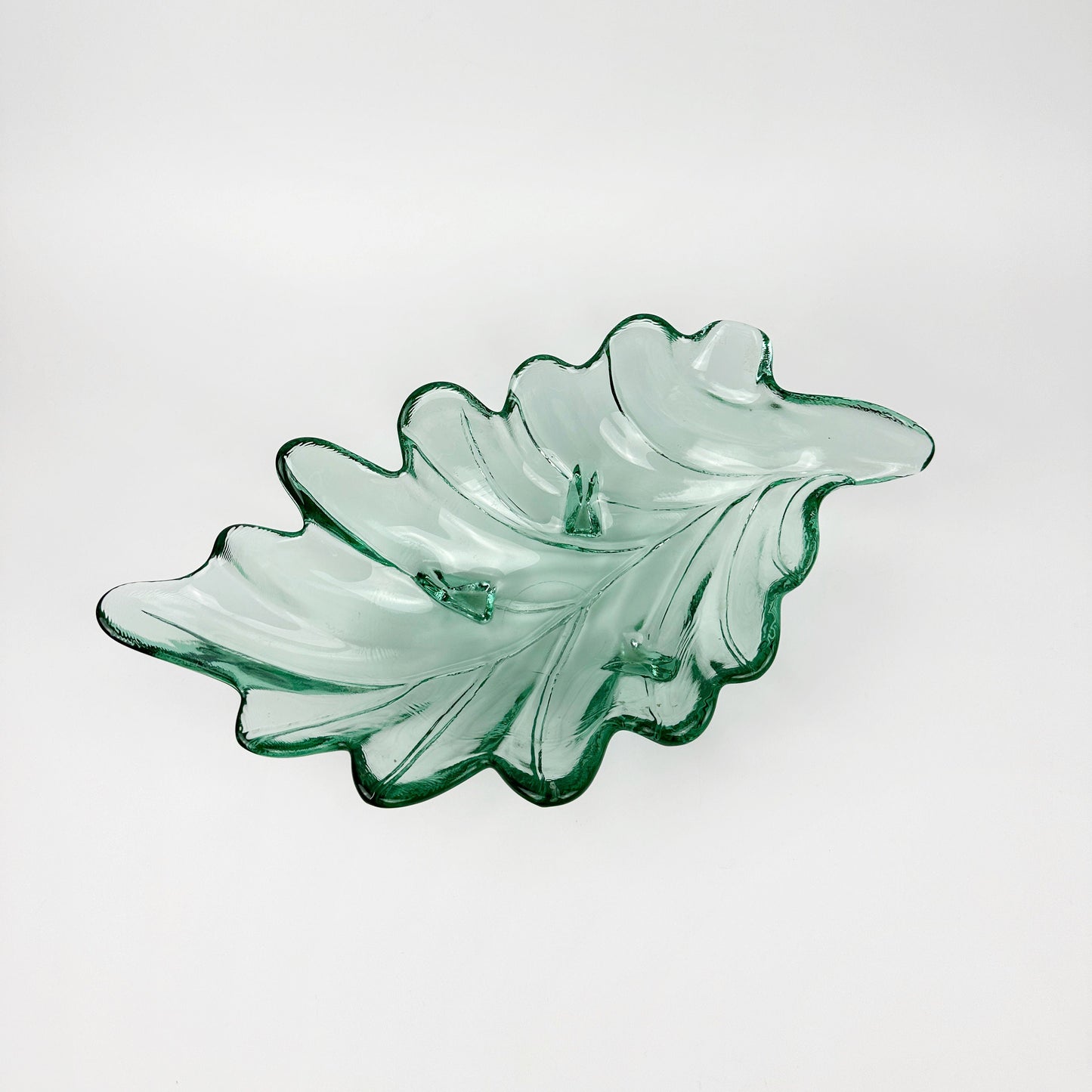 Glass Footed Bowl France Water Green Leaf Floral Pressed Glass Plate Offering Bowl 80s 90s Luminarc Arcoroc Vintage