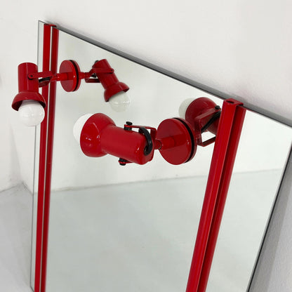 Red metal mirror with adjustable lamps, 1970s vintage