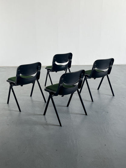 Set von 4 Space Age Desk Chairs von Giancarlo Piretti und Emilio Abasz für Dorsal, Black Plastic und Green Upholstery, 1980 Italian Atomic Age Vintage Vintage