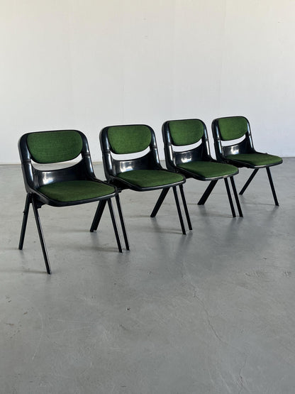 Set of 4 Space Age Desk Chairs by Giancarlo Piretti and Emilio Abasz for Dorsal, Black Plastic and Green Upholstery, 1980 Italian Atomic Age Vintage