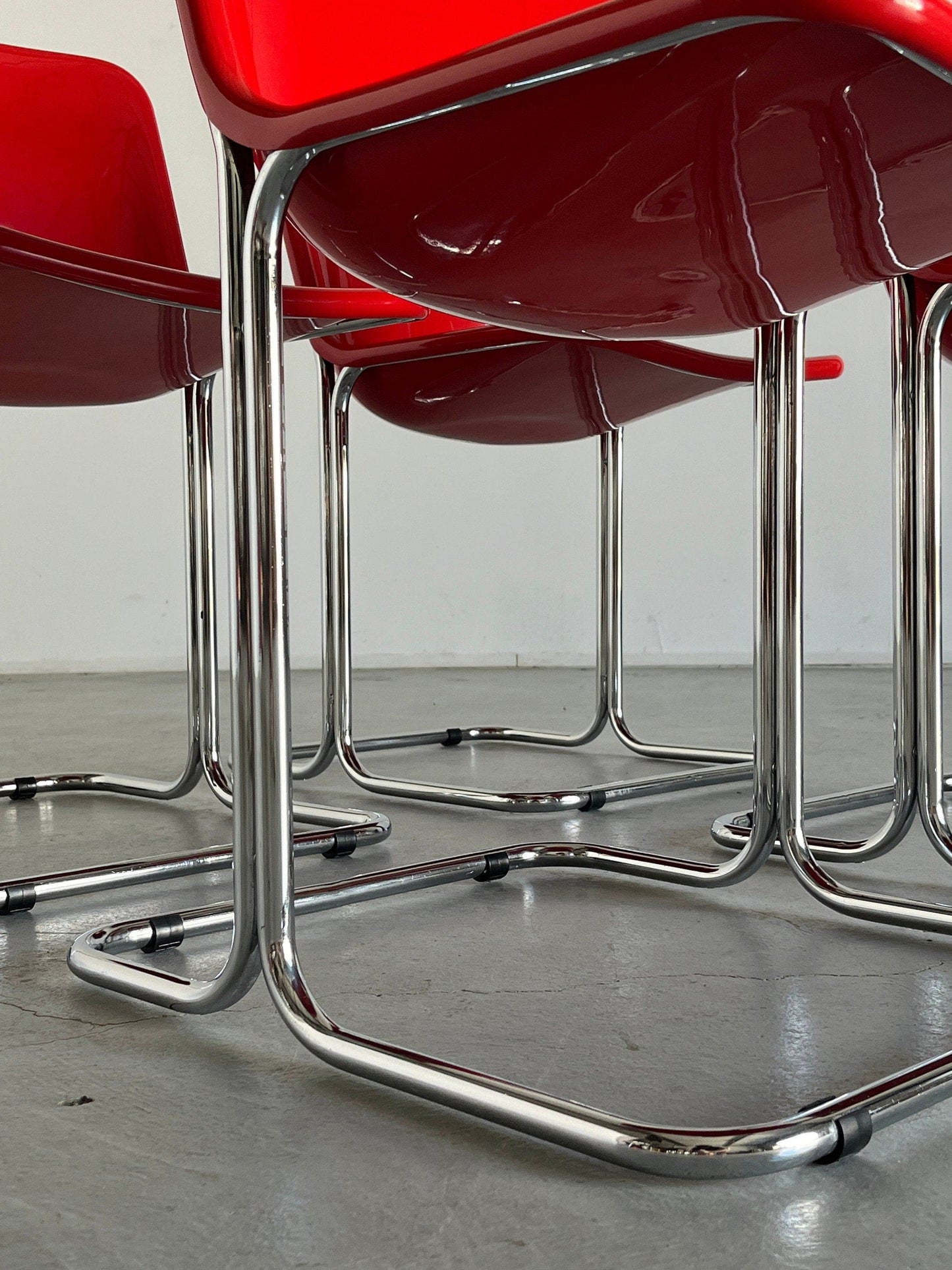 Set of 4 Space Age Dining Chairs, Glossy Red Plastic and Chromed Tubular Steel, Italy 1960s Vintage