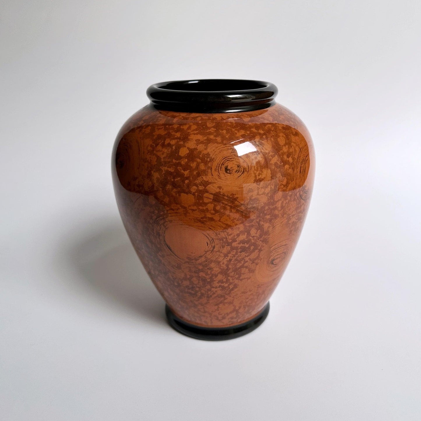 80er Art Deco Keramik Vase Wurzelholz Handbemalt Chic Art Deco Revial Blumenvase Burl Wood 1980er Vintage