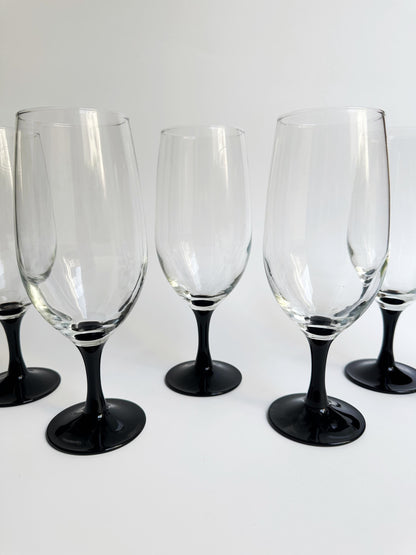 6 Luminarc Domino Beer Longdrink Glasses 80s Black Goblet Chalice Art Deco Revival Champagne Postmodern Tankard Vintage