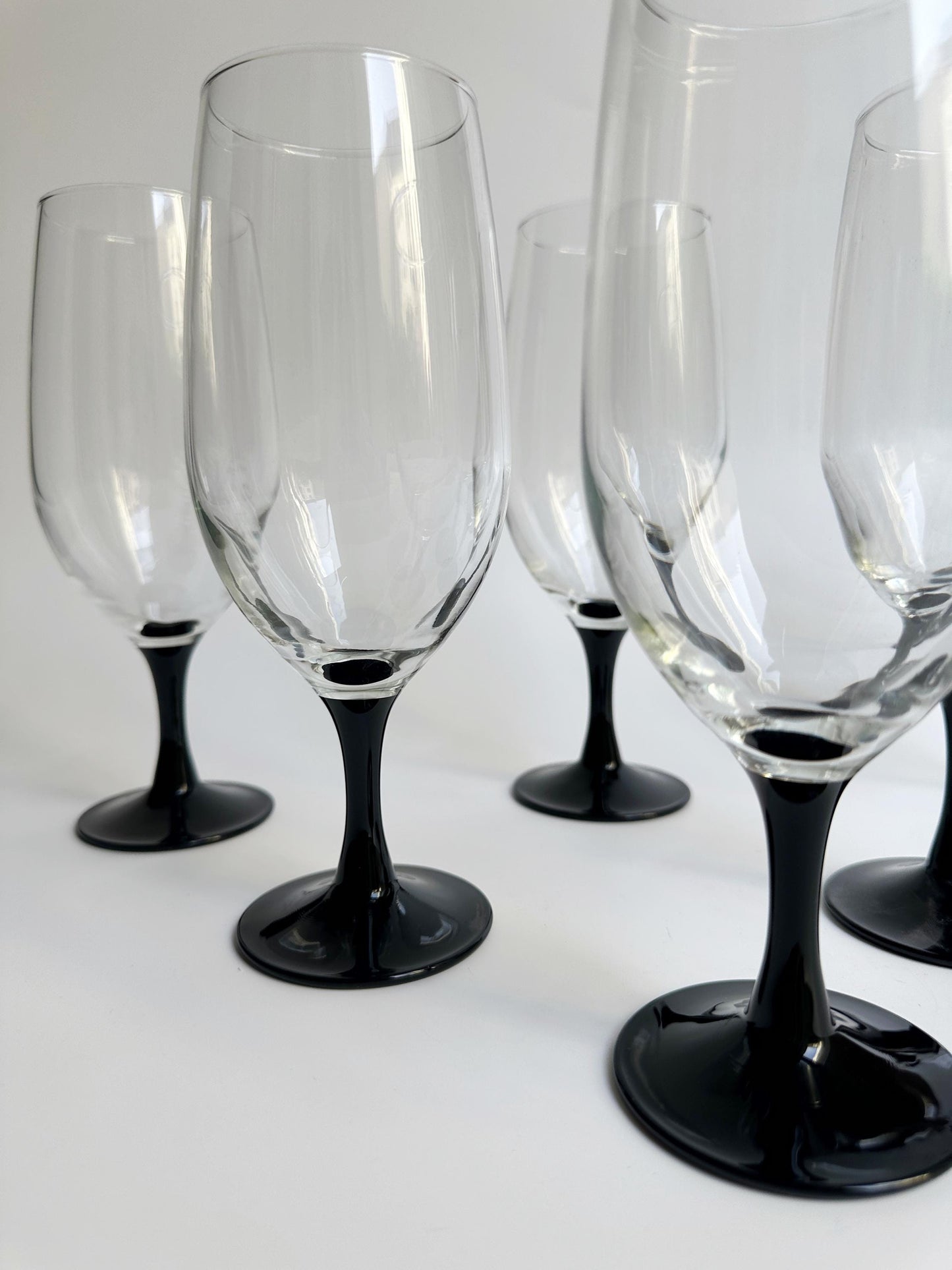 6 Luminarc Domino Beer Longdrink Glasses 80s Black Goblet Chalice Art Deco Revival Champagne Postmodern Tankard Vintage