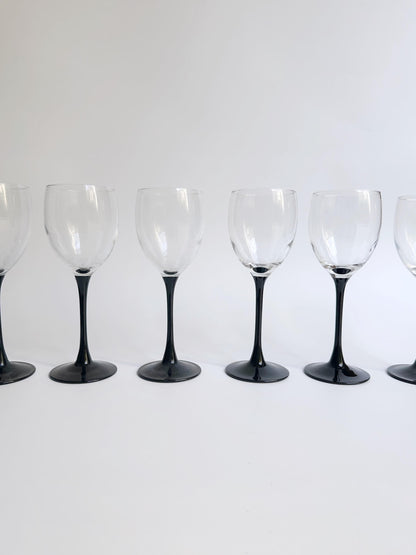 6 verres à vin Luminarc Domino années 80 vin blanc vin rouge coupe noire gobelet Art Déco Revival Postmodern vintage