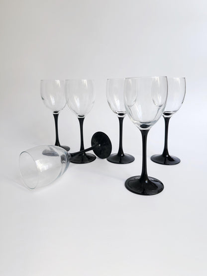 6 verres à vin Luminarc Domino années 80 vin blanc vin rouge coupe noire gobelet Art Déco Revival Postmodern vintage