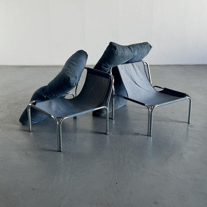 Set of 2 Mid-Century Modern Blue "Denim" Lounge Chairs, Cotton Fabric and Chromed Tubular Steel Frame, Austria 1980s Vintage