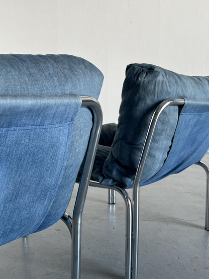 Set of 2 Mid-Century Modern Blue "Denim" Lounge Chairs, Cotton Fabric and Chromed Tubular Steel Frame, Austria 1980s Vintage