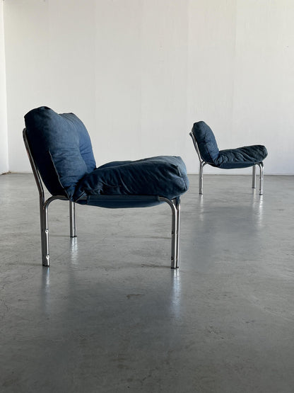 Set von 2 Mid-Century Modern Blue "Denim" Lounge Chairs, Baumwollstoff und verchromter Rohrstahlrahmen, Österreich 1980er Vintage