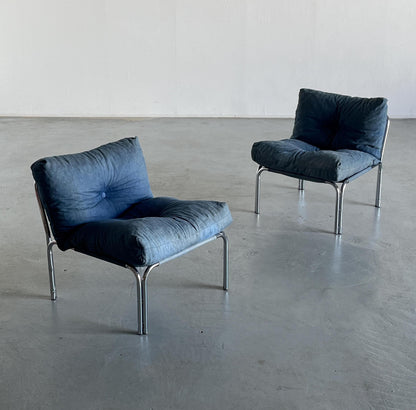 Set of 2 Mid-Century Modern Blue "Denim" Lounge Chairs, Cotton Fabric and Chromed Tubular Steel Frame, Austria 1980s Vintage