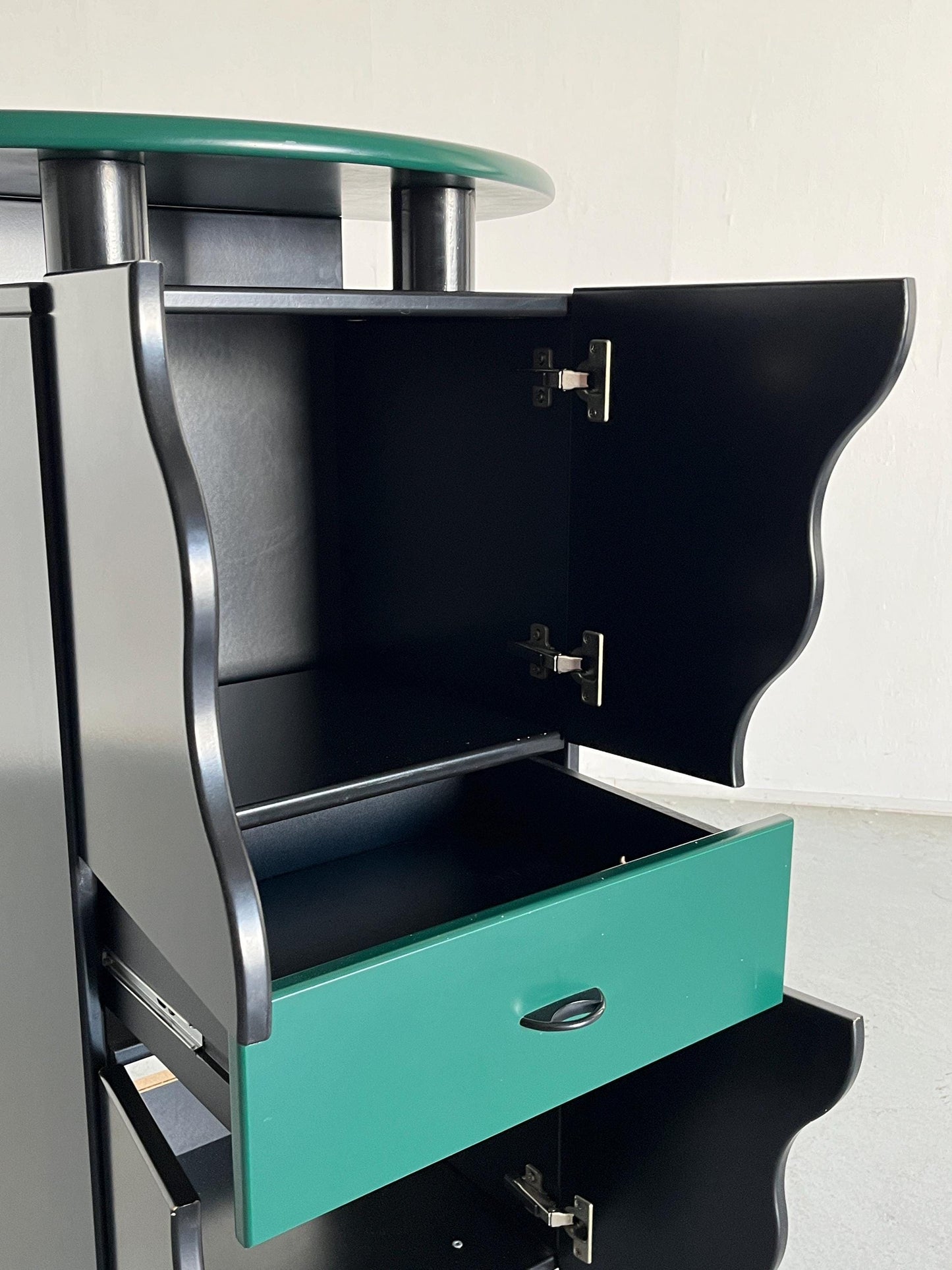 Postmodern Memphis Style Bar Cabinet in Black and Green Wood, in the style of Peter Maly, 1980s Vintage