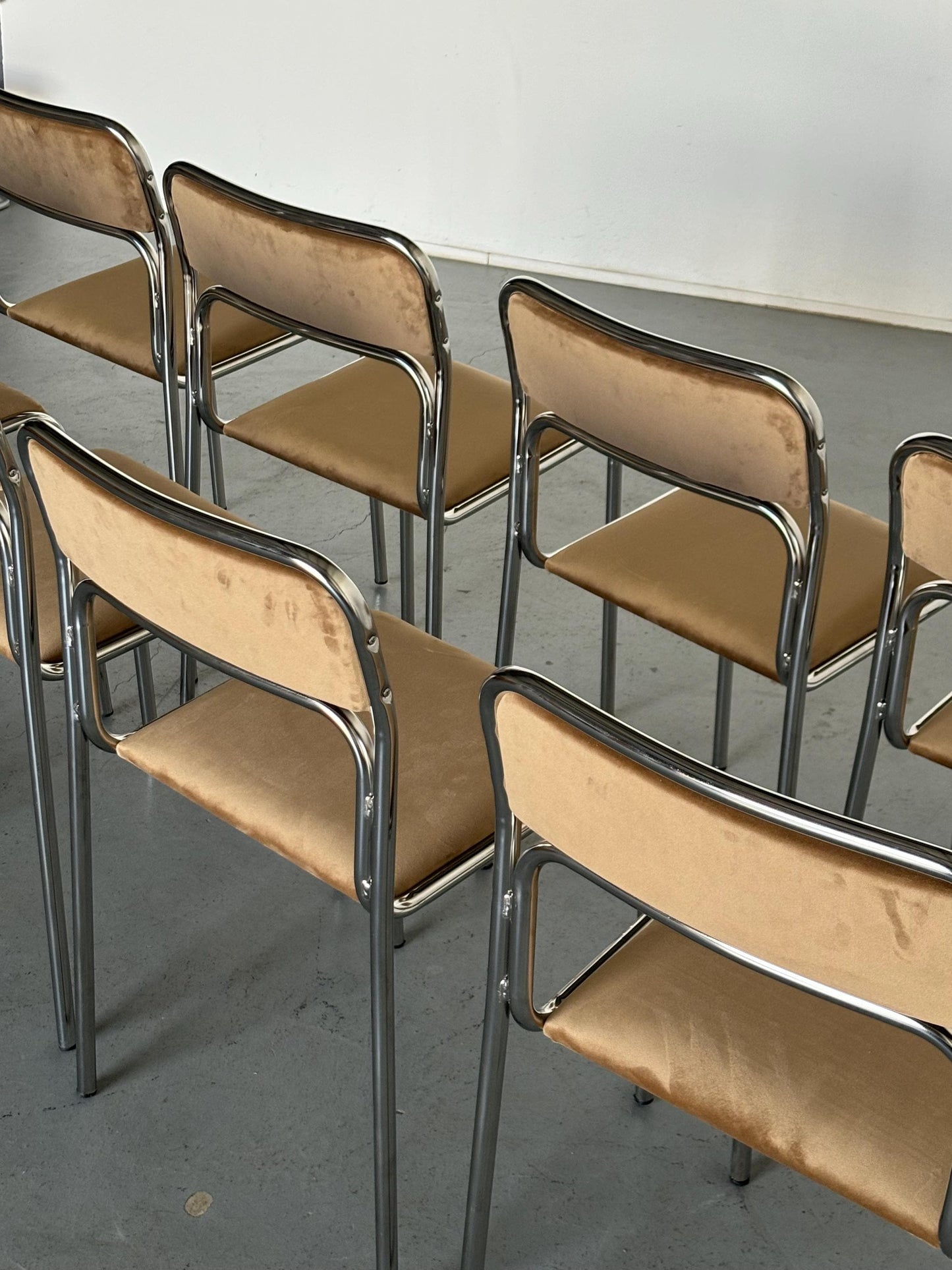 Bauhaus Chrome Tubular Steel and Beige Velvet Chairs / 1980s Italian Modernist Stacking Dining Chairs Vintage