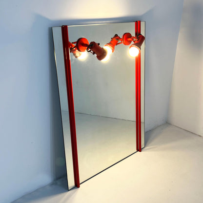 Red metal mirror with adjustable lamps, 1970s vintage