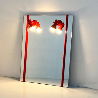 Red metal mirror with adjustable lamps, 1970s vintage