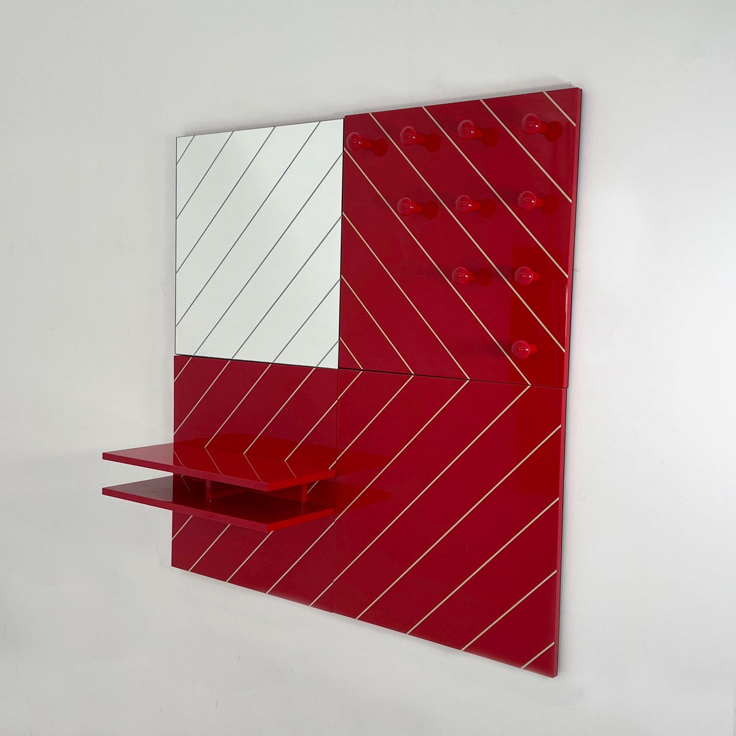 Modular striped mirror, wardrobe and shelf entrance ensemble, 1980s vintage