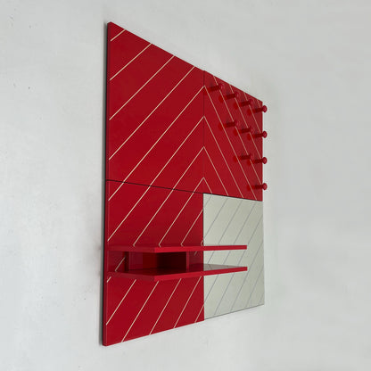 Ensemble d'entrée modulable miroir rayé, porte manteau et étagère, vintage années 1980