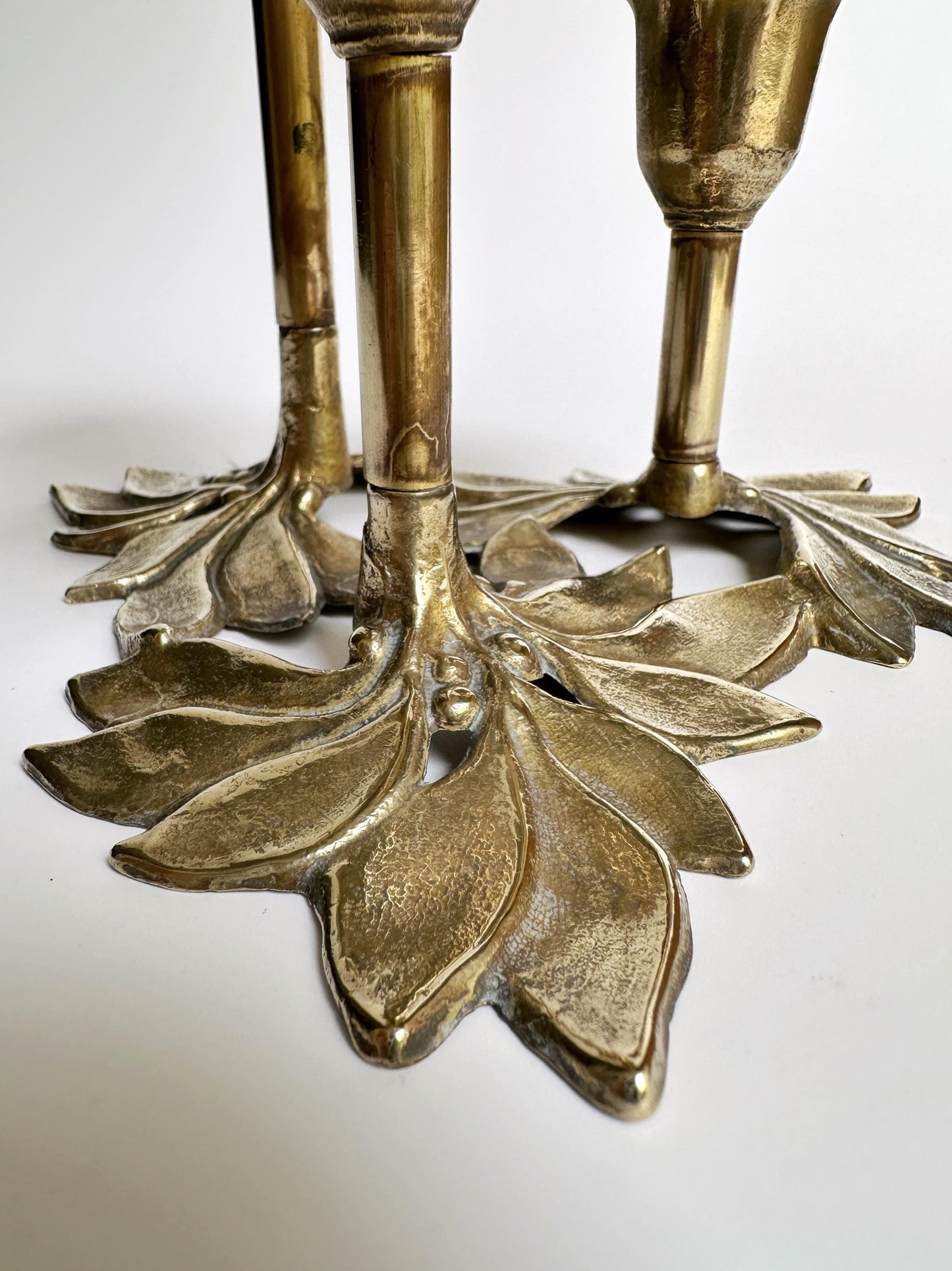 Art Nouveau Brass Candlestick Floral Leaf 3 Flame Candle Holder 1970s Art Nouveau Carl Frederik Christiansen