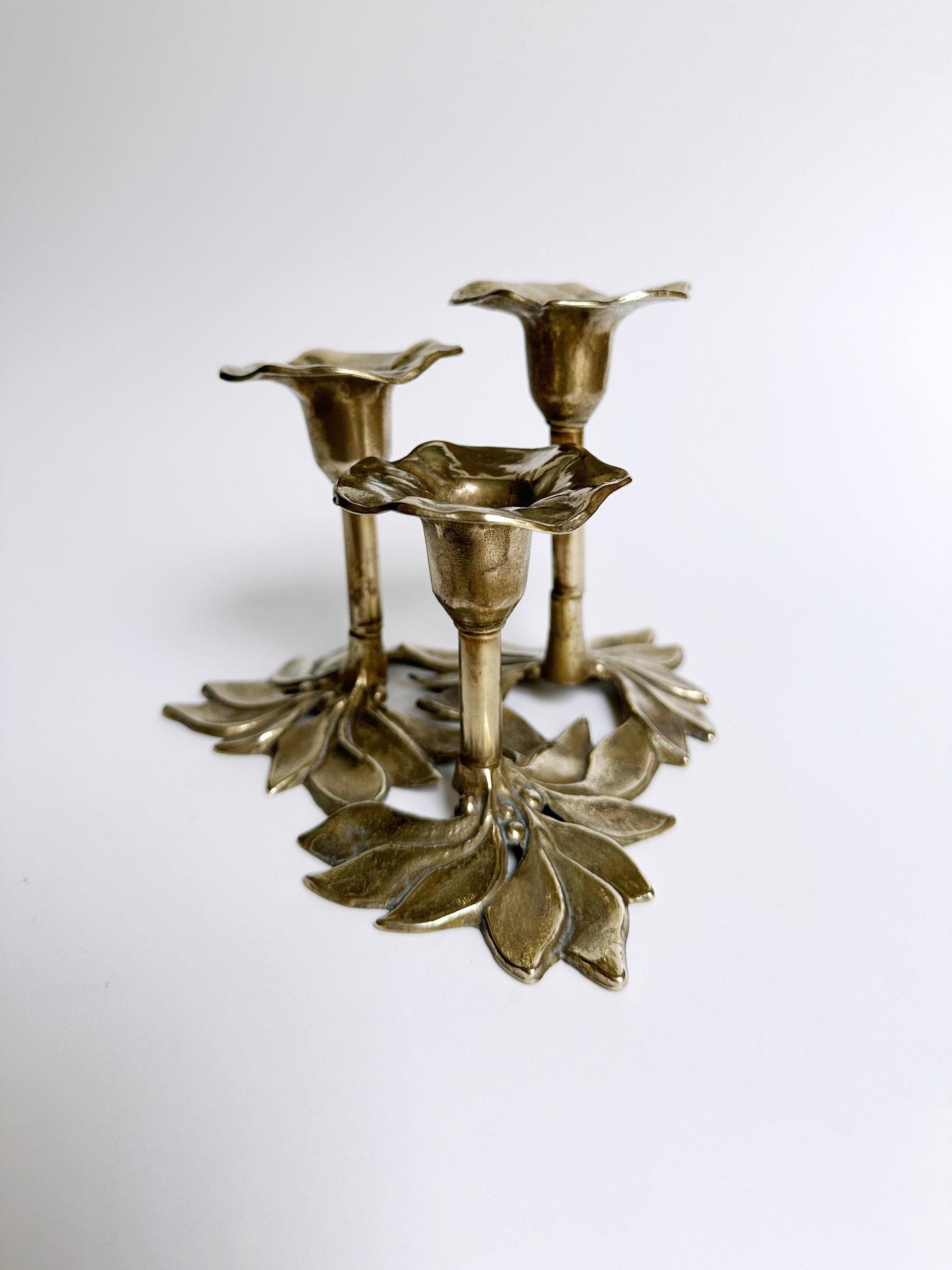 Art Nouveau Brass Candlestick Floral Leaf 3 Flame Candle Holder 1970s Art Nouveau Carl Frederik Christiansen