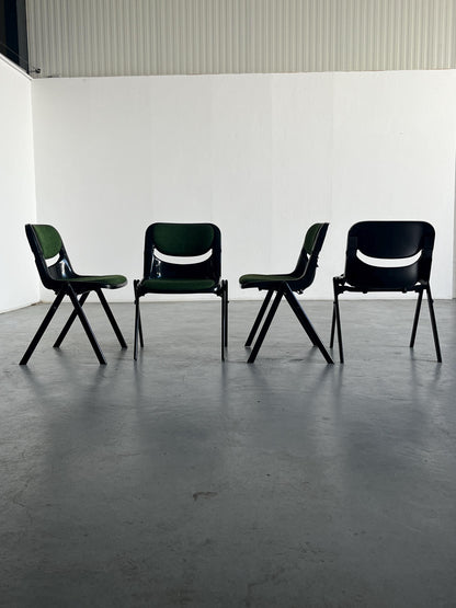 Set of 4 Space Age Desk Chairs by Giancarlo Piretti and Emilio Abasz for Dorsal, Black Plastic and Green Upholstery, 1980 Italian Atomic Age Vintage