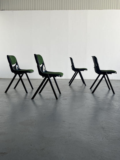 Set of 4 Space Age Desk Chairs by Giancarlo Piretti and Emilio Abasz for Dorsal, Black Plastic and Green Upholstery, 1980 Italian Atomic Age Vintage