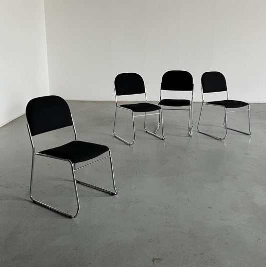 Set of 4 minimalist dining chairs in black fabric and chromed steel, stackable, Italy 1990s