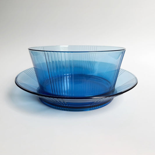 Français Table Set Bowl Bowl 80s Art Déco Revival Cobalt Blue Glass Luminarc Arcoroc vintage