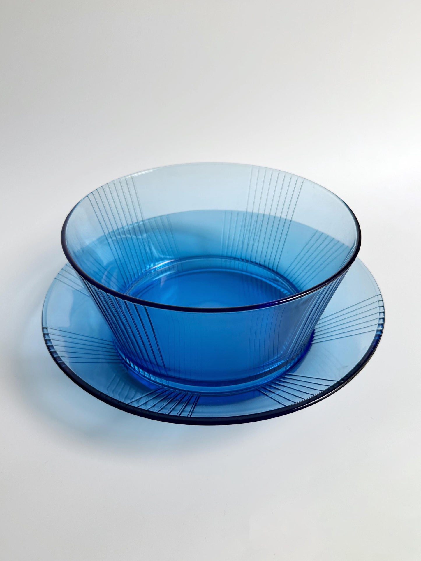 Français Table Set Bowl Bowl 80s Art Déco Revival Cobalt Blue Glass Luminarc Arcoroc vintage